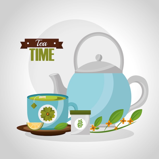 tetera y taza de té limón cuchara rama de hierbas