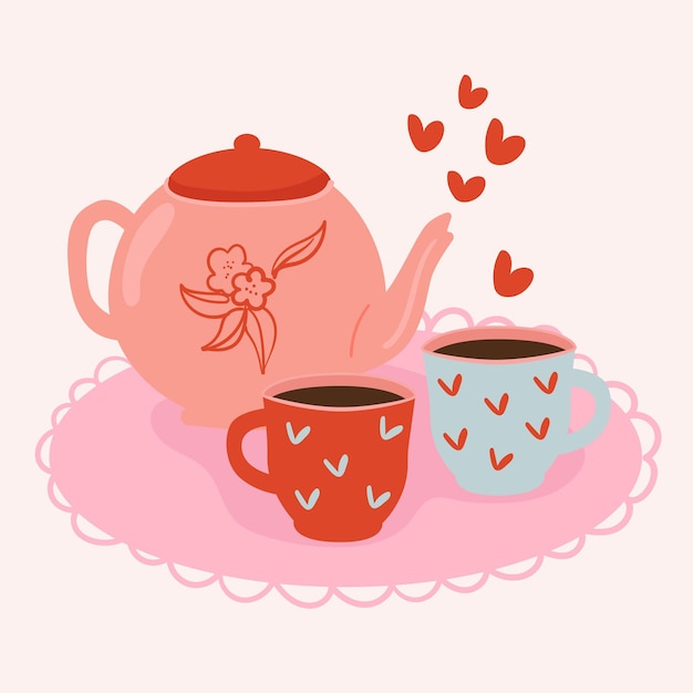 Tetera y tazas con ilustración de moda de corazón