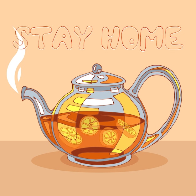 Vector tetera con té quedarse en casa bebida caliente en una tetera de vidrio