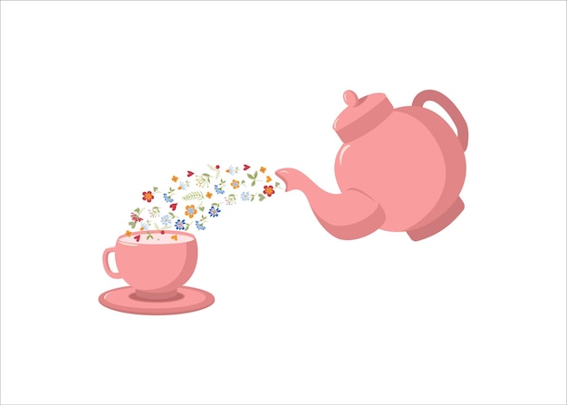 Tetera con té verde floral y una taza y plato Ilustración vectorial