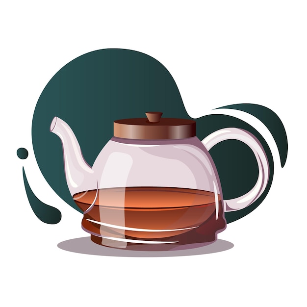 Tetera de vidrio con té negro sobre fondo degradado oscuro. Hervidor de vidrio con tapa