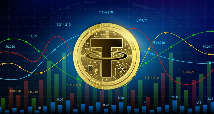 Vector tether (usdt) moneda oro criptomoneda blockchain futuro gráfico de acciones de reemplazo de moneda digital.