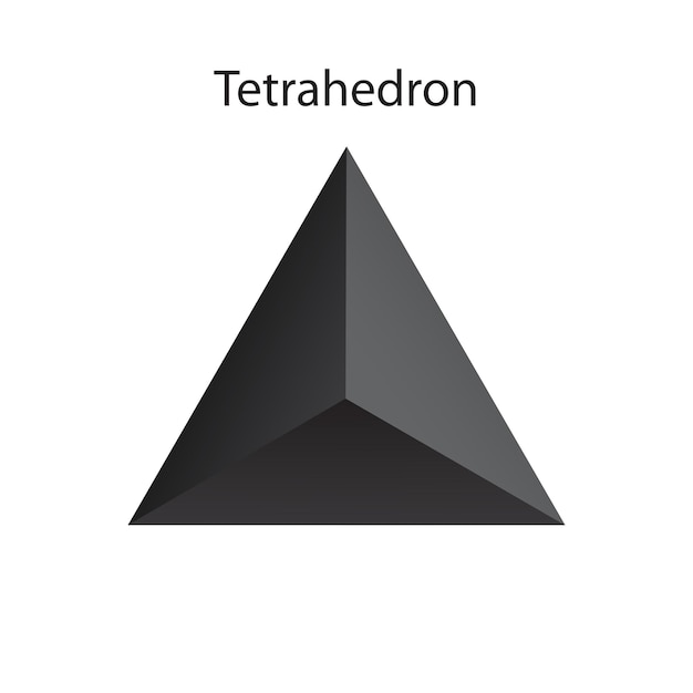 Tetraedro negro vectorial con gradientes para juego, icono, diseño de embalaje o logotipo. Uno de poliedros regulares aislado sobre fondo blanco. Estilo minimalista. sólido platónico.