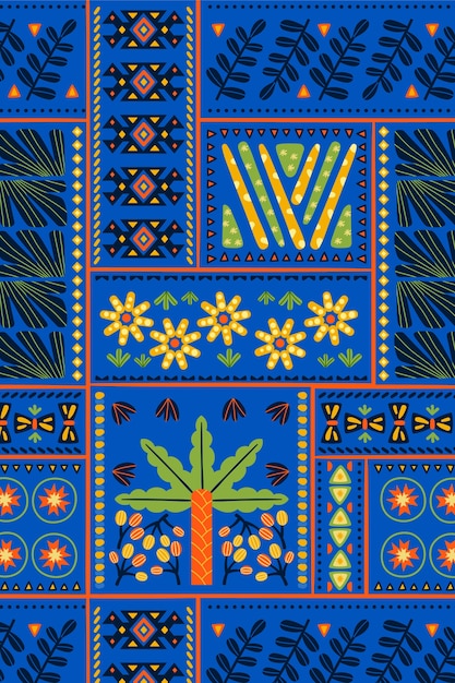 Textil de patchwork colorido con motivos florales y geométricos