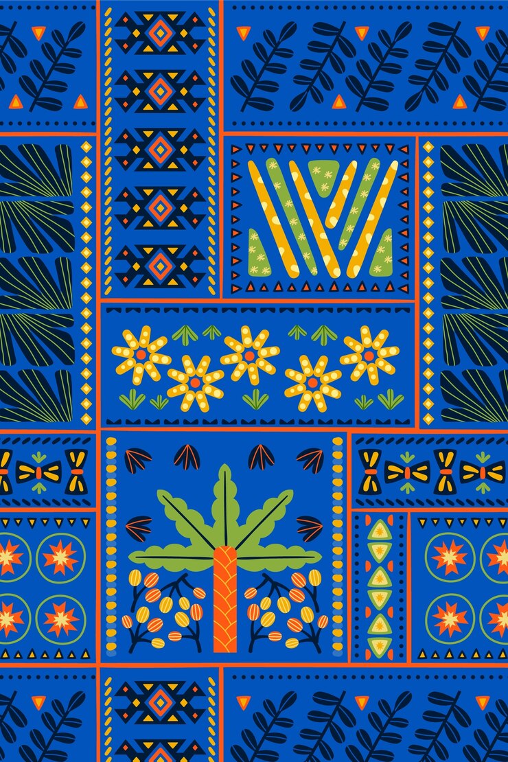 Textil de patchwork colorido con motivos florales y geométricos