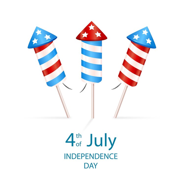 Vector texto 4 de julio y cohete de fuegos artificiales para el día de la independencia conjunto de fuegos artificiales aislados sobre fondo blanco la ilustración se puede utilizar para tarjetas de diseño de vacaciones carteles pancartas