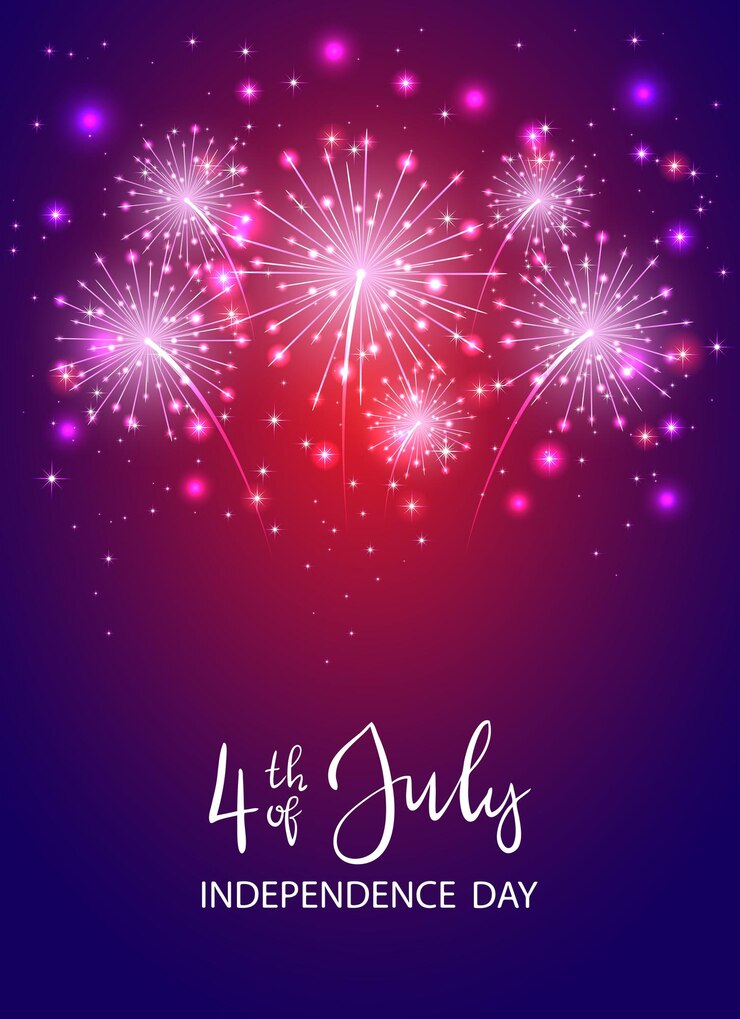 Texto 4 de julio y Día de la Independencia con fuegos artificiales brillantes y estrellas sobre fondo violeta oscuro La ilustración temática del Día de la Independencia se puede utilizar para tarjetas de diseño de vacaciones carteles pancartas