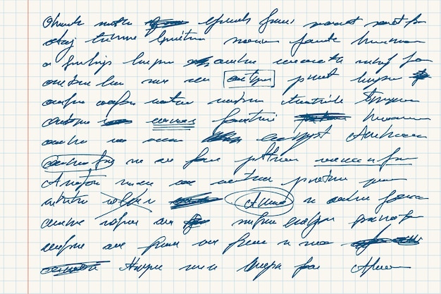 Texto abstractamente escrito a mano con tinta para letras Texto ilegible con palabras tachadas Texto ilegible