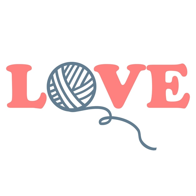 Texto amor con bola de hilo tejer logo símbolo Ilustración vectorial de letras de icono de punto Hobby concepto costura tiempo libre