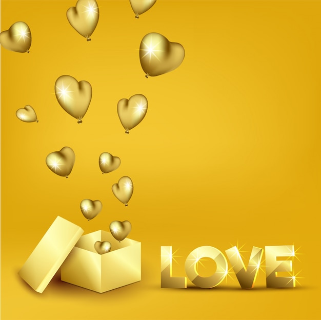 Texto de amor dorado 3D con efecto de luz y globos de corazón saliendo de la caja de regalo sorpresa en amarillo.