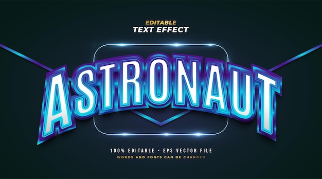 Texto de astronauta azul en estilo retro con efecto brillante y curvo. Efecto de estilo de texto editable
