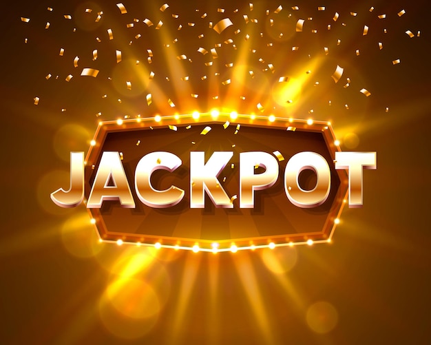 Texto de banner de Jackpot 777 tragamonedas, con el telón de fondo de rayos brillantes. ilustración vectorial