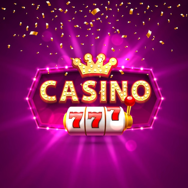 Texto de banner de tragamonedas casino 777, con el telón de fondo de rayos brillantes. ilustración vectorial