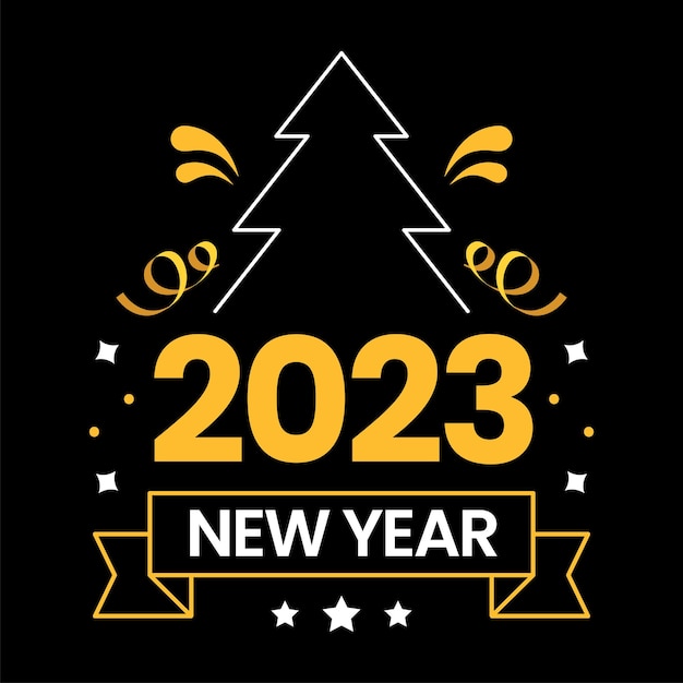 Texto blanco y amarillo de 2023 texto de año nuevo con árbol de navidad y confeti sobre fondo negro