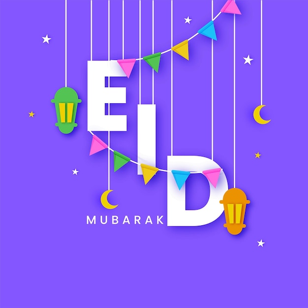 Texto blanco de eid mubarak con linternas de papel luna creciente estrellas colgantes y banderas del empavesado decoradas sobre fondo púrpura