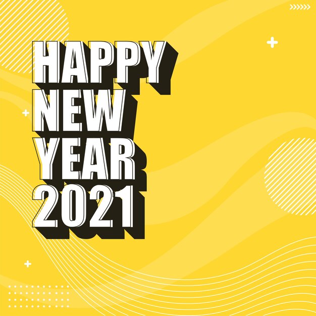 Texto blanco feliz año nuevo 2021 sobre fondo amarillo ondas abstractas