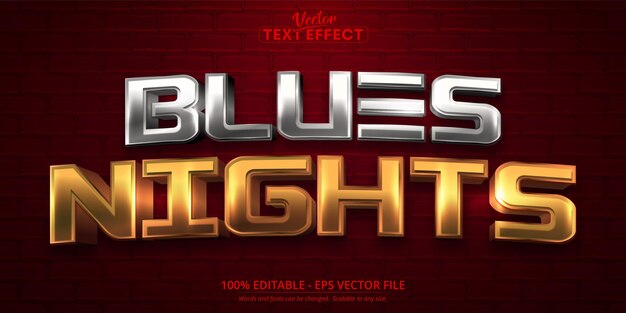 Texto de Blues nights, efecto de texto editable de estilo de color dorado brillante y plateado