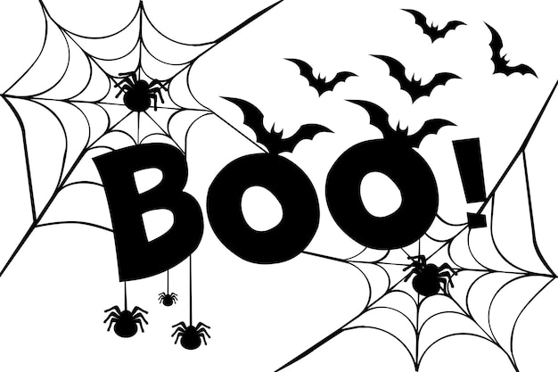 Texto boo halloween palabras de dibujos animados de fondo con araña y murciélagos