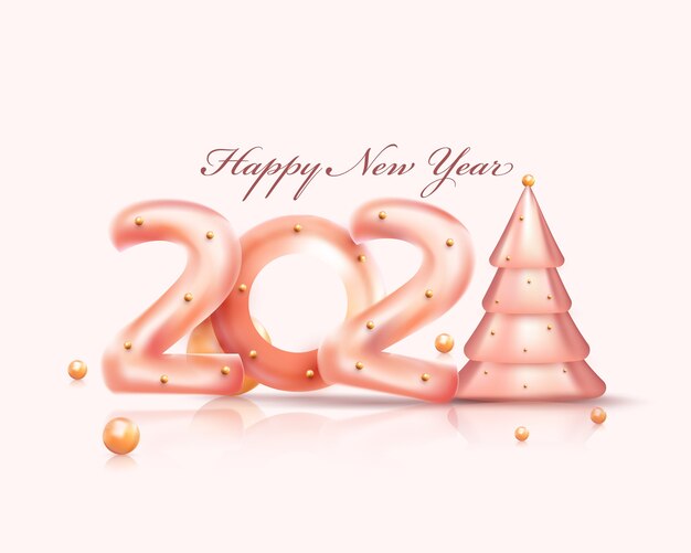 Texto brillante con árbol de Navidad y bolas de oro o perlas sobre fondo blanco para feliz año nuevo.