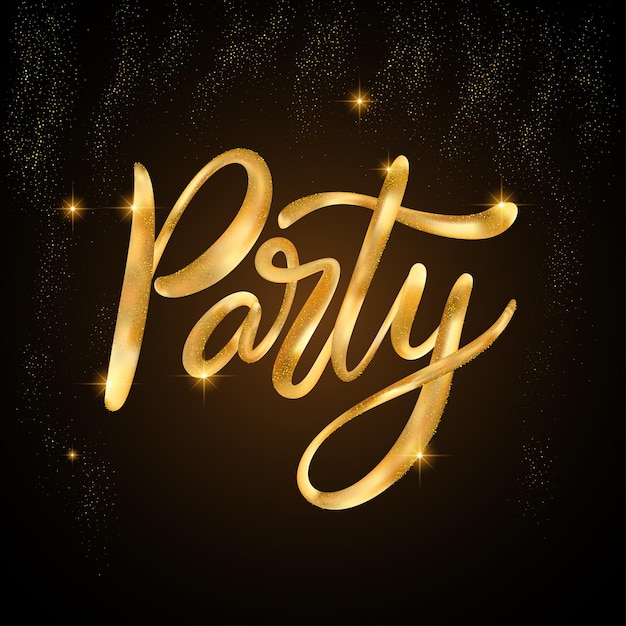 Texto de brillo de fiesta. Arte de tarjeta de caligrafía de letras doradas de vector 3d de brillo brillante