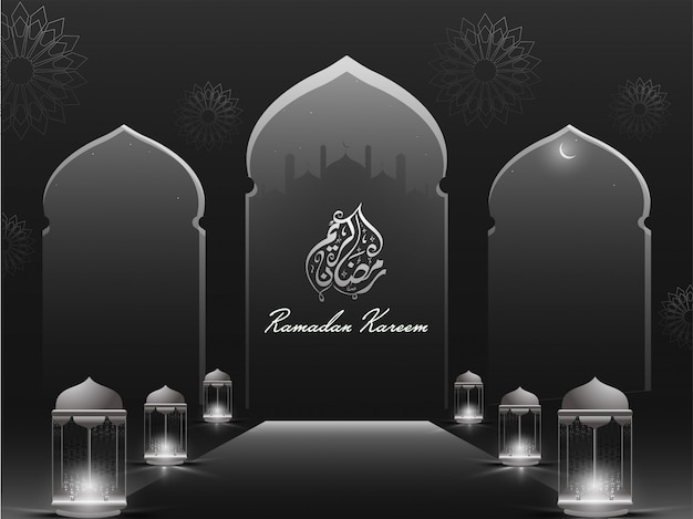 Texto caligráfico islámico árabe ramadan kareem, linternas iluminadas, fondo nocturno. concepto del mes sagrado islámico de oraciones.