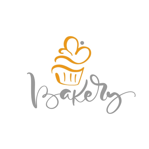 Texto caligráfico vectorial de panadería con logotipo. Dulce cupcake con crema, elemento de diseño de plantilla de emblema de postre vintage
