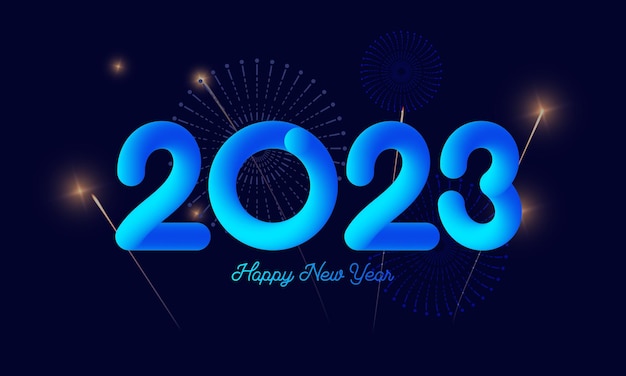 Vector texto de celebración de feliz año nuevo 2023 con explosión de fuegos artificiales