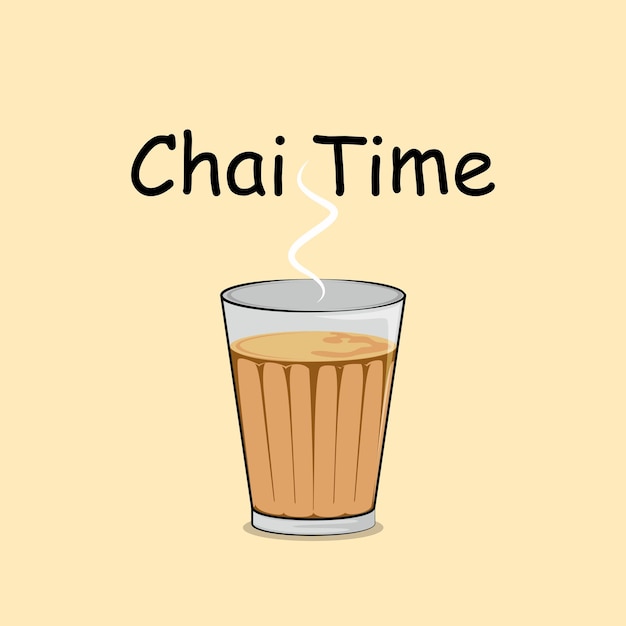 Texto de Chai Time con ilustración vectorial premium de vaso de té indio