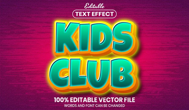 Vector texto del club de niños, efecto de texto editable de estilo de fuente