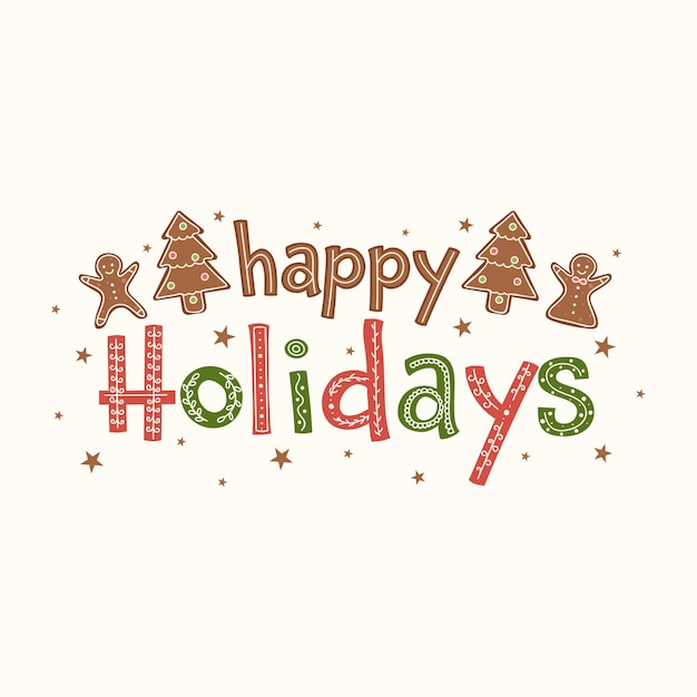 Texto colorido de felices fiestas con galletas de árbol de Navidad humano de pan de jengibre y estrellas decoradas sobre fondo blanco