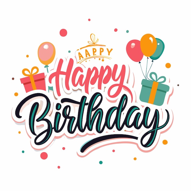 Texto colorido de feliz cumpleaños con regalos y globos