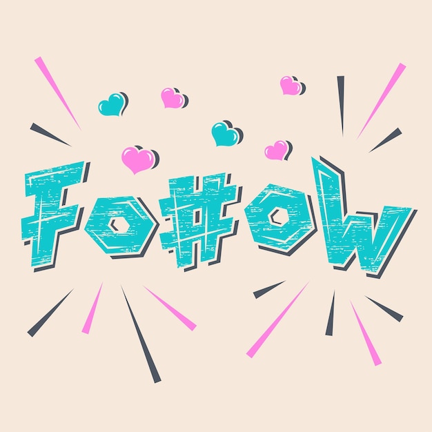 Texto colorido seguir me gusta suscripciones corazones hash símbolo Concepto de banner de redes sociales Vector