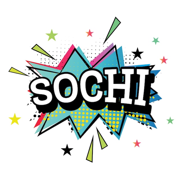 Texto cómico de sochi en estilo pop art. ilustración de vector.