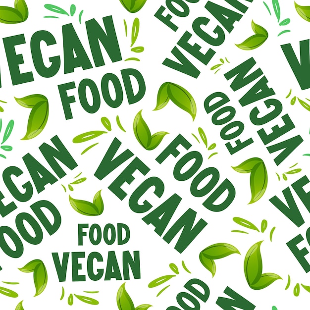 Texto de comida vegana y hojas verdes de patrones sin fisuras