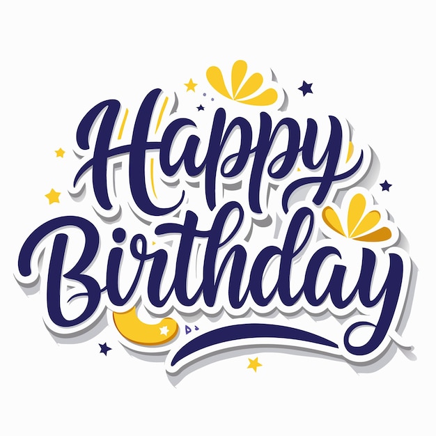 Texto de cumpleaños feliz con estrellas amarillas y diseños de flores