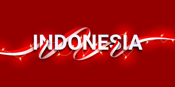 Vector texto del día de la independencia de indonesia decorado con banderas y luces