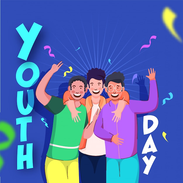 Vector texto del día de la juventud con niños alegres en acción selfie sobre fondo azul decorado con confeti.