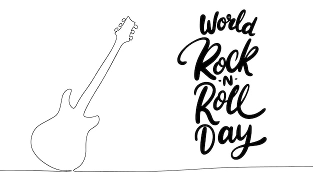 El texto del Día Mundial del Rock n Roll, el banner, la línea de arte de la guitarra, el arte vectorial dibujado a mano