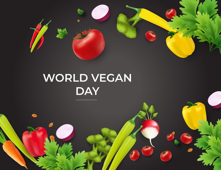 Texto del Día Mundial del Vegano y verduras para tarjetas o pegatinas