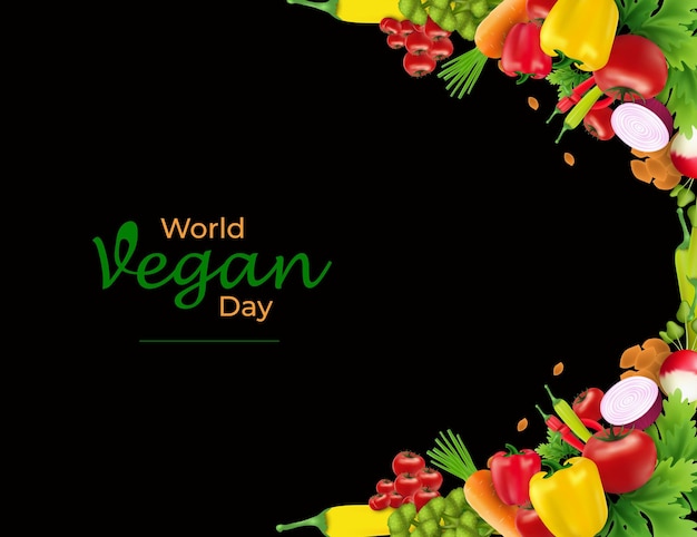 Texto del Día Mundial del Vegano y verduras para tarjetas o pegatinas