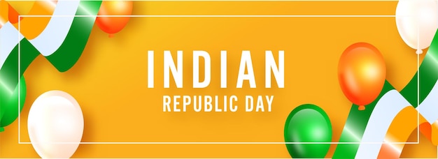 Texto del día de la república de la india con cintas y globos tricolores brillantes