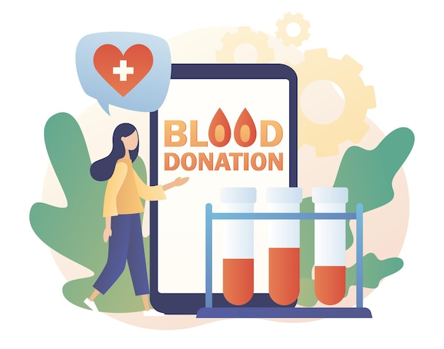 Texto de donación de sangre en la pantalla del teléfono inteligente Análisis o análisis de sangre Pequeños voluntarios con enfermeras