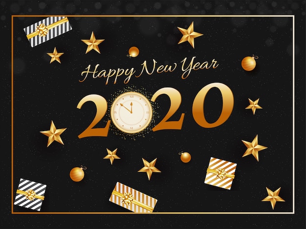 Texto dorado 2020 feliz año nuevo con efecto de brillo de reloj, adornos, estrellas y cajas de regalo decoradas en negro.