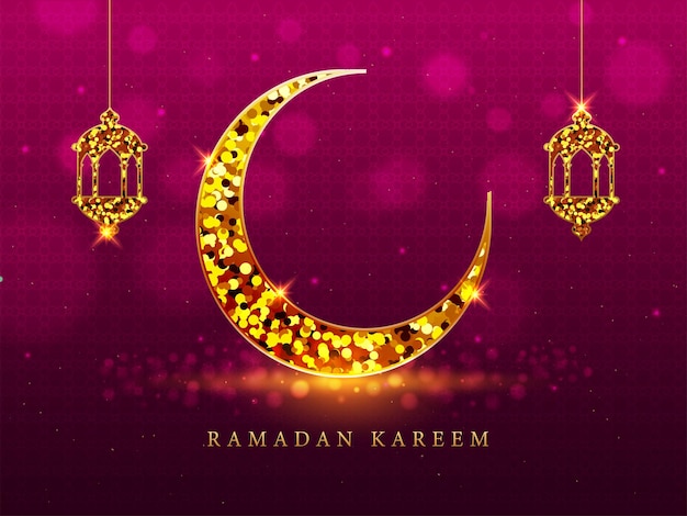 Texto dorado de Ramadán Kareem con efecto de luz Linternas de luna creciente cuelgan sobre fondo de patrón islámico Bokeh rosa oscuro
