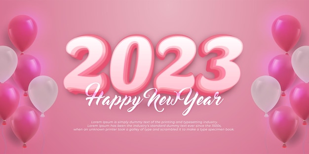 Texto editable 2023 feliz año nuevo con globos en tema rosa