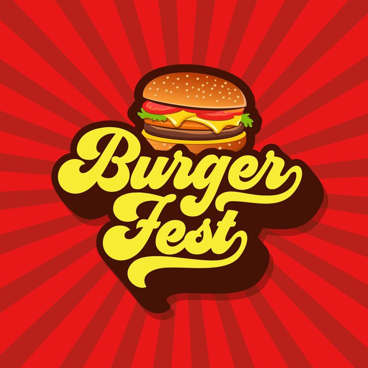 Vector texto editable de tipografía genial de burger fest con una hamburguesa con queso sobre fondo retro comida rápida