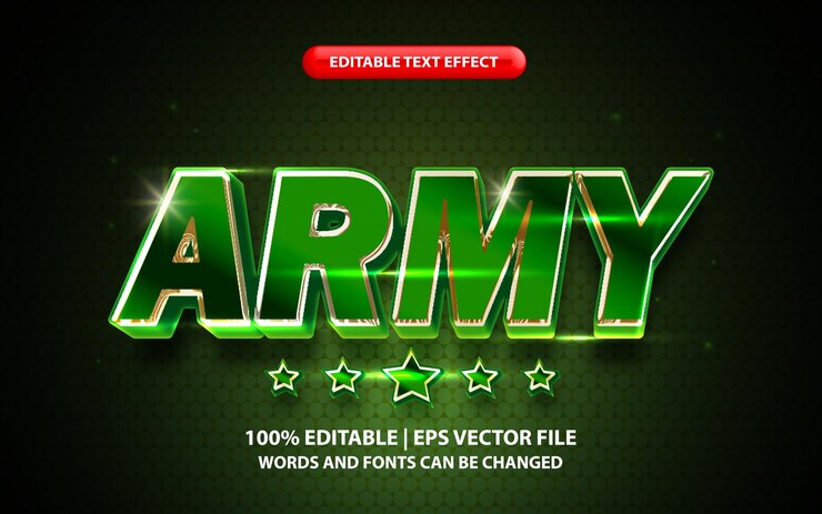 Vector texto del ejército, plantilla de efecto de texto 3d editable, estilo de fuente degradado verde en negrita 3d con elemento estrella
