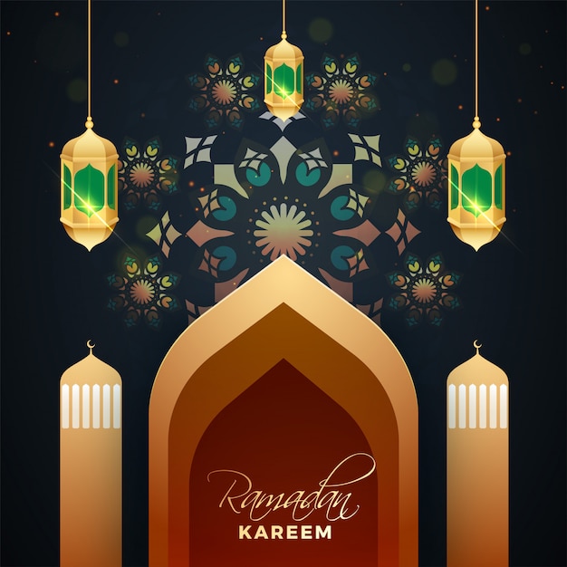 Texto elegante de Ramadan Kareem y linterna colgante iluminada o