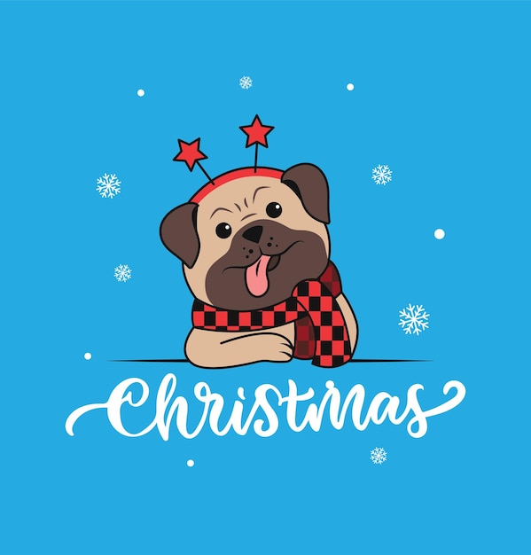 El texto escrito a mano y el divertido pug con nieve el perro cabeza es bueno para tarjetas de navidad, etc.