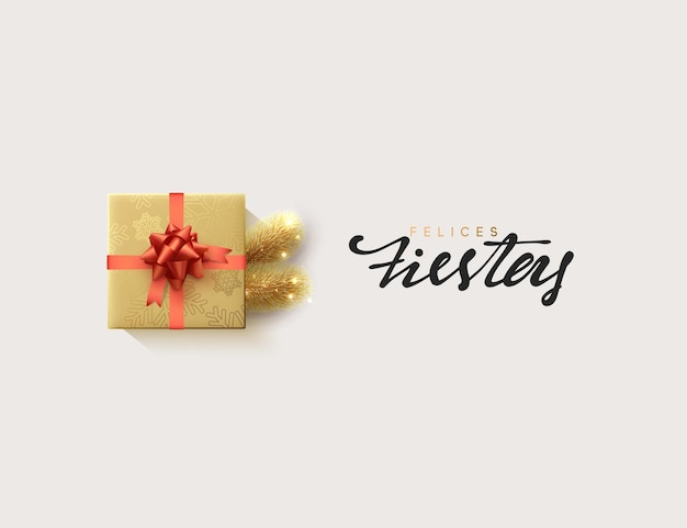 Texto en español Felices fiestas. Ilustración vectorial con letras Feliz Navidad, caja de regalo cerrada con cinta envuelta con lazo. Tarjeta de felicitación de Navidad, pancarta, afiche.